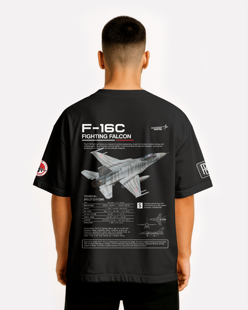 F-16 Oversize T-shirt Unisex biała/czarna - seria 2