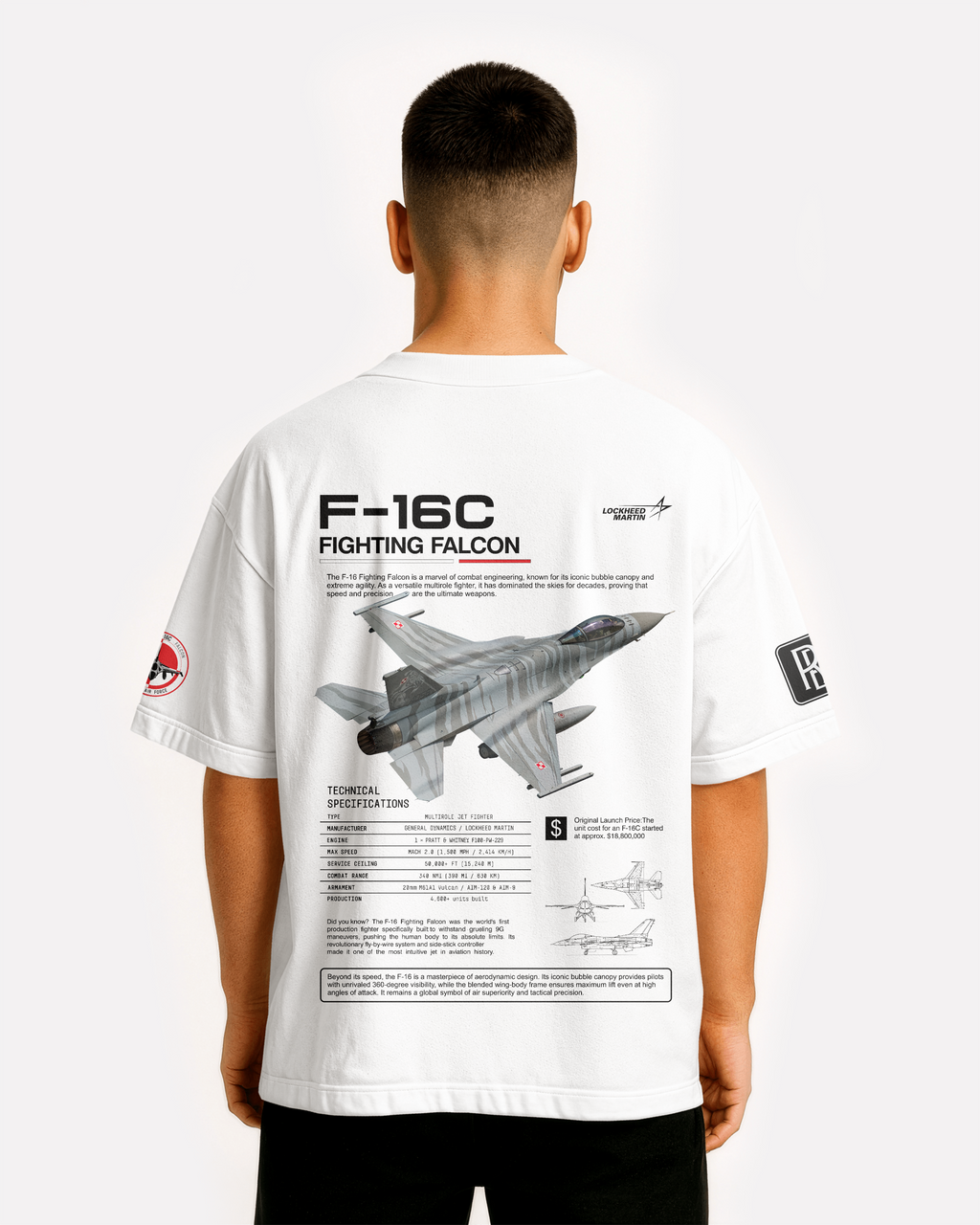 F-16 Oversize T-shirt Unisex biała/czarna - seria 2