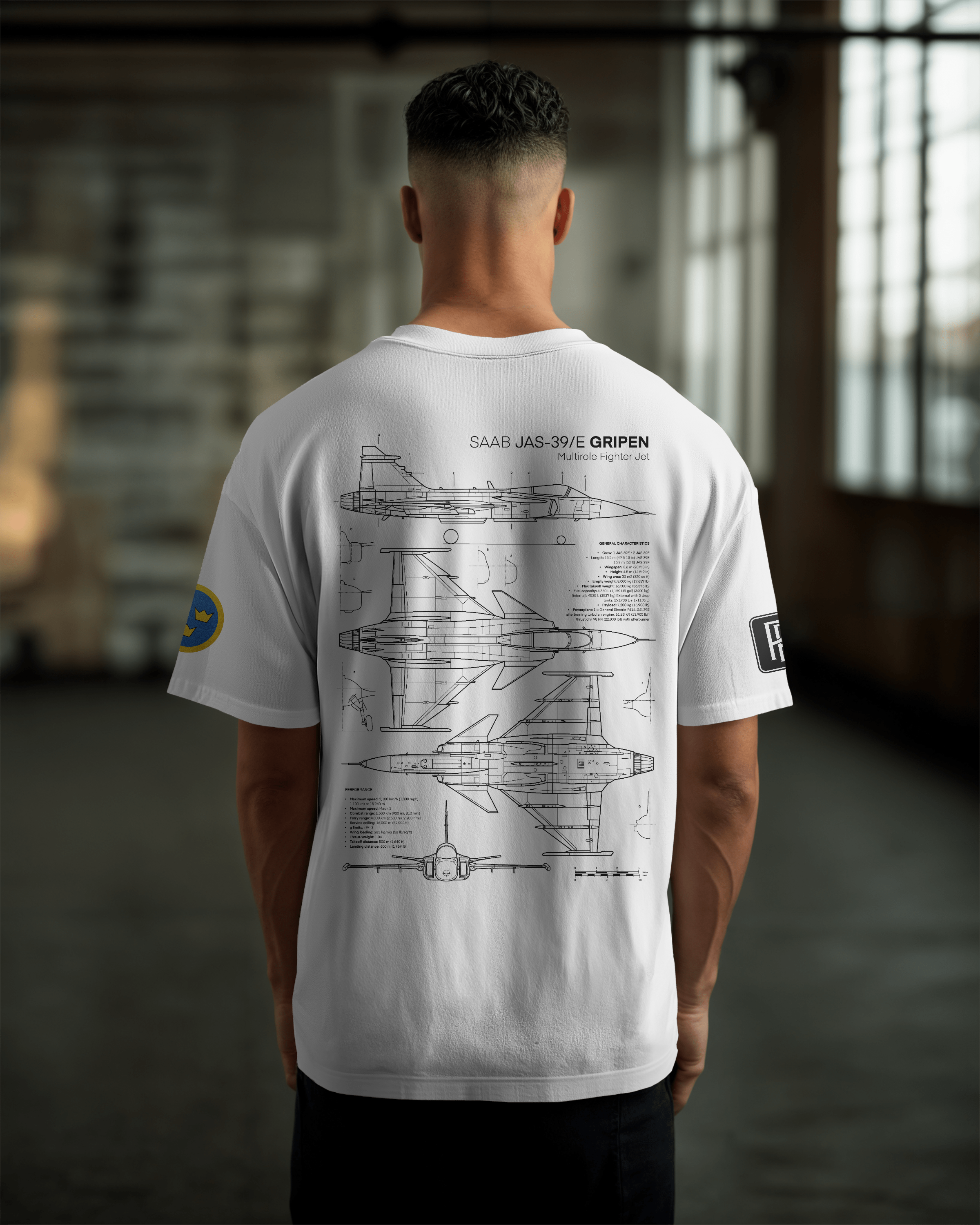 JAS-39 Gripen Oversize T-shirt Unisex biała/czarna